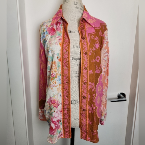 Rachel Zoe Pink Muti Print Linen Blouse - Picture 10 of 13